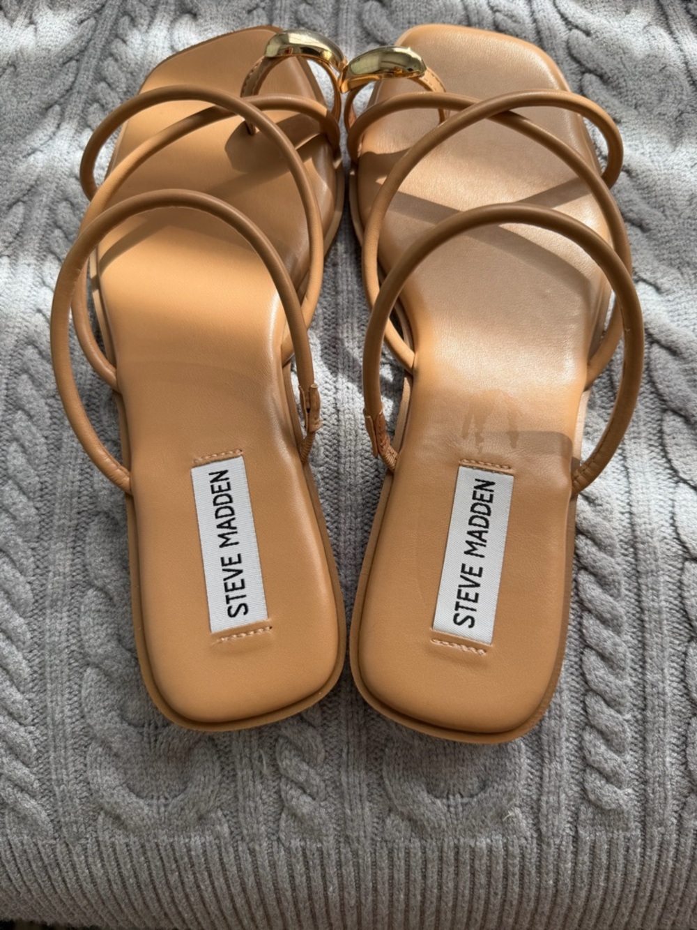 Steve Madden Tan Strappy Slide Sandals with Gold Accent Detail - Picture 6 of 6